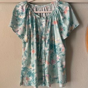 Vintage mint green floral short sleeve button down blouse with neck tie